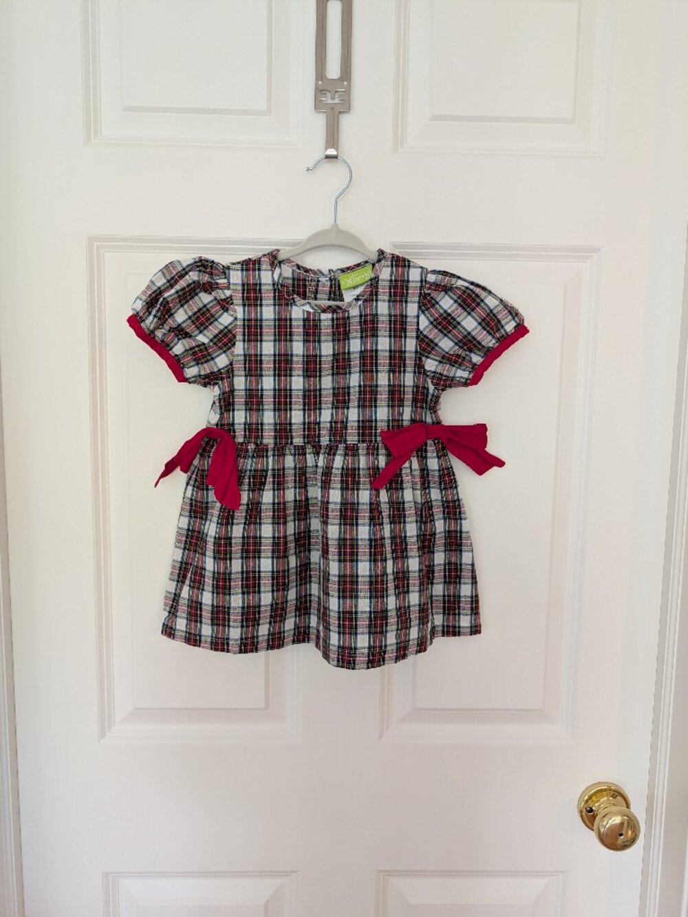 Classical Whimsy White Christmas Plaid Dress Red Bows Puff Sleeve Holiday Girls
